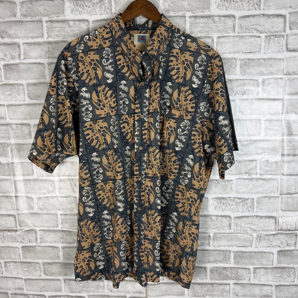 Kahala Avi Collection Mens LARGE Hawaiian Shirt Monstera Leaf Block Print Cotton